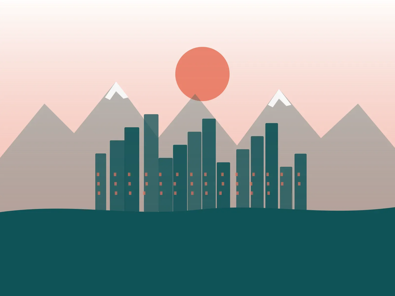 Illustration of inner city Calgary with the river and mountains